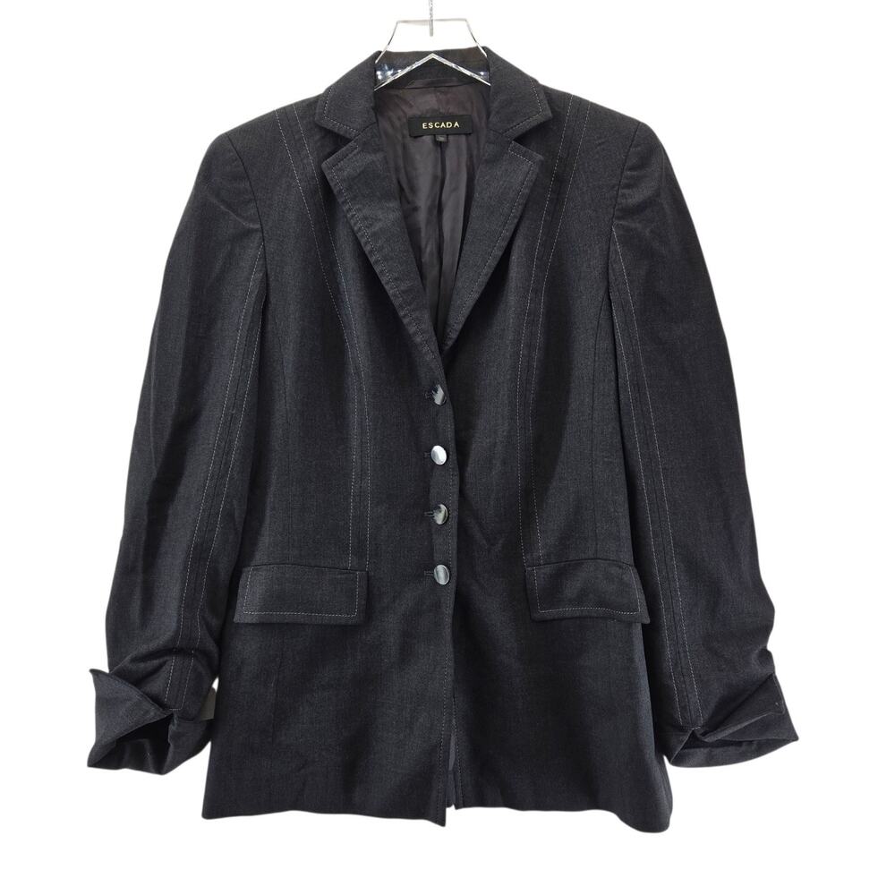 Escada Wool Blazer Size 6 (36) Charcoal Gray Longer Length Designer Quiet Luxury